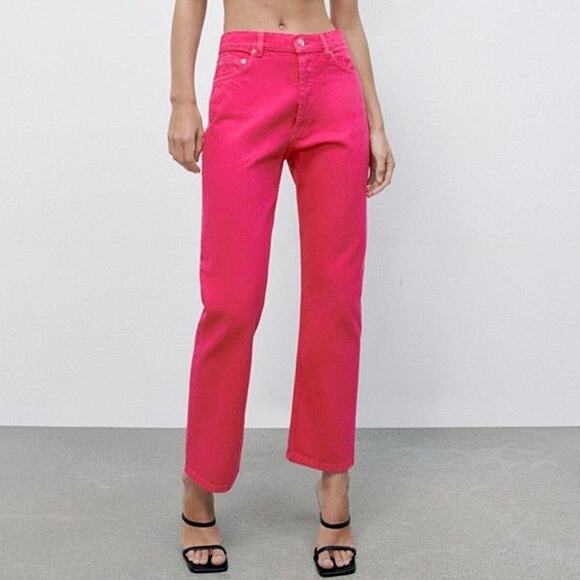 Zara Hot Pink High Rise Straight Leg Jeans Size 8 - Picture 1 of 5